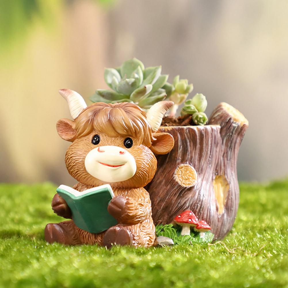 Desk Setup Plant - Cute Highland Cow Resin Planter Cartoon